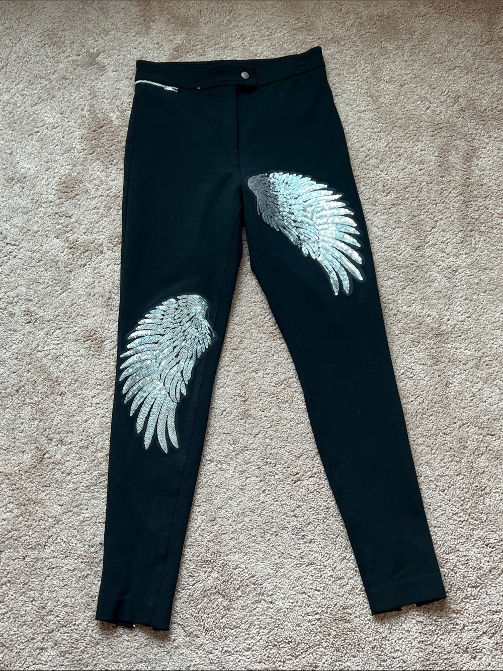 Upscaled Black Leggings with Silver Sequin Wing Appliqués